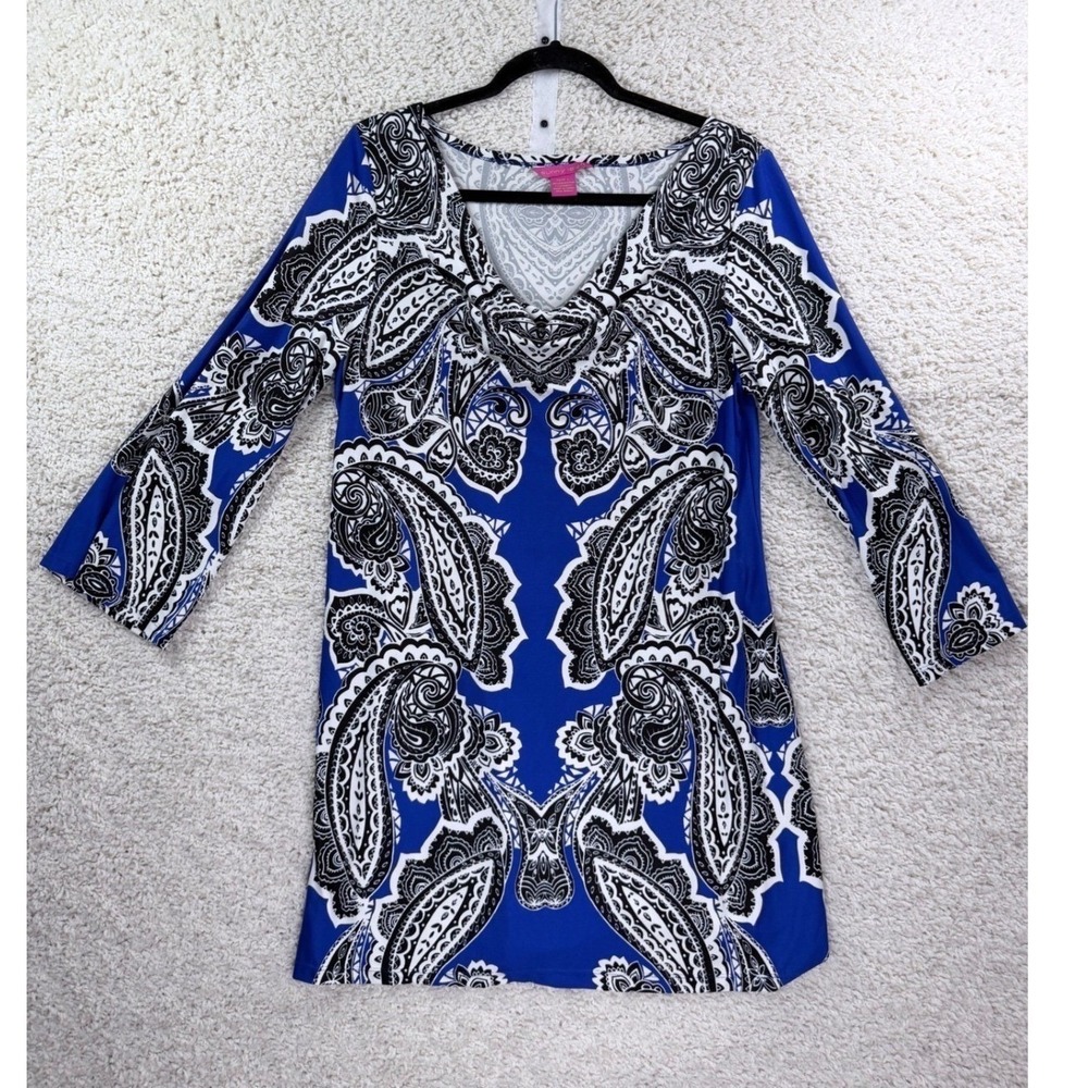 Womens Size L Sunny Leigh Tunic Dress Blue Paisley Cowl Neck 3/4 Sleeve Boho